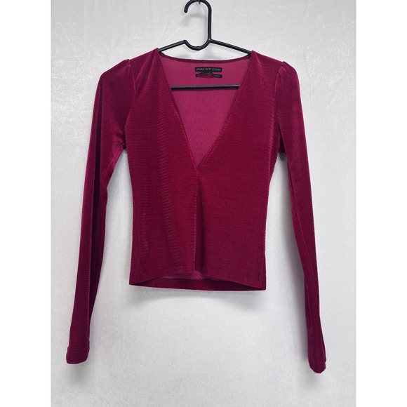 Urban Outfitters Tops - Urban Outfitters Velvet Red Metallic Deep Plunge Long Sleeve Slim Fit Top Small